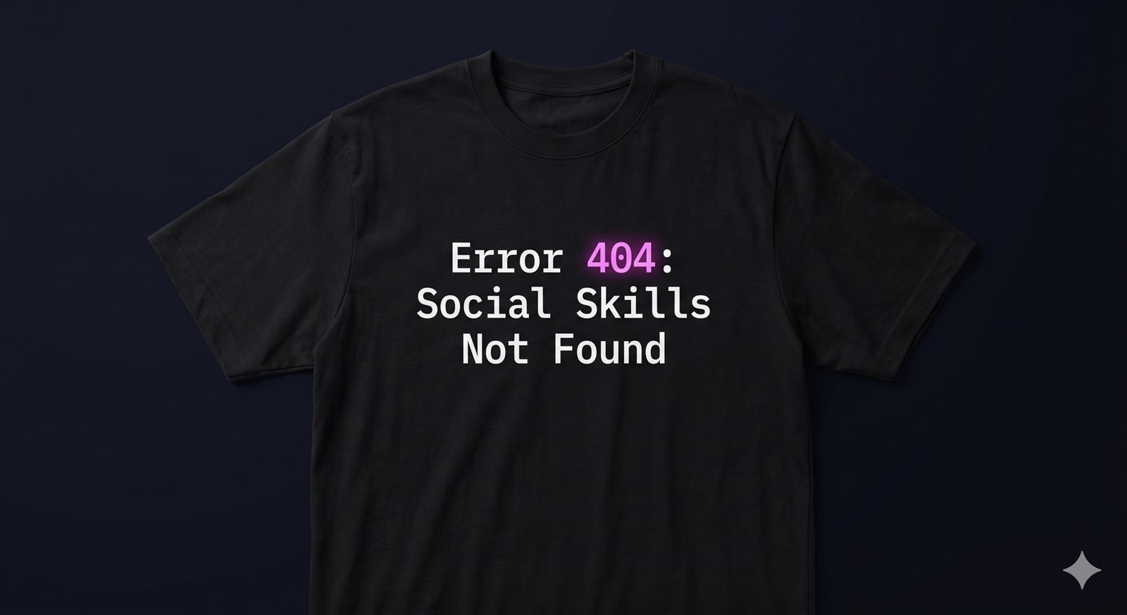Black tee mockup, monospace text reading: Error 404: Social Skills Not Found, with 404 glowing magenta.