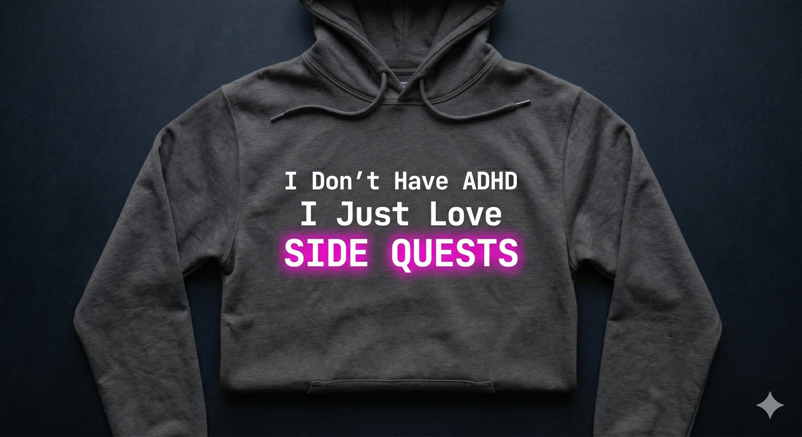 Charcoal hoodie mockup, mono text reading: I Don't Have ADHD I Just Love Side Quests, with the last line glowing magenta.