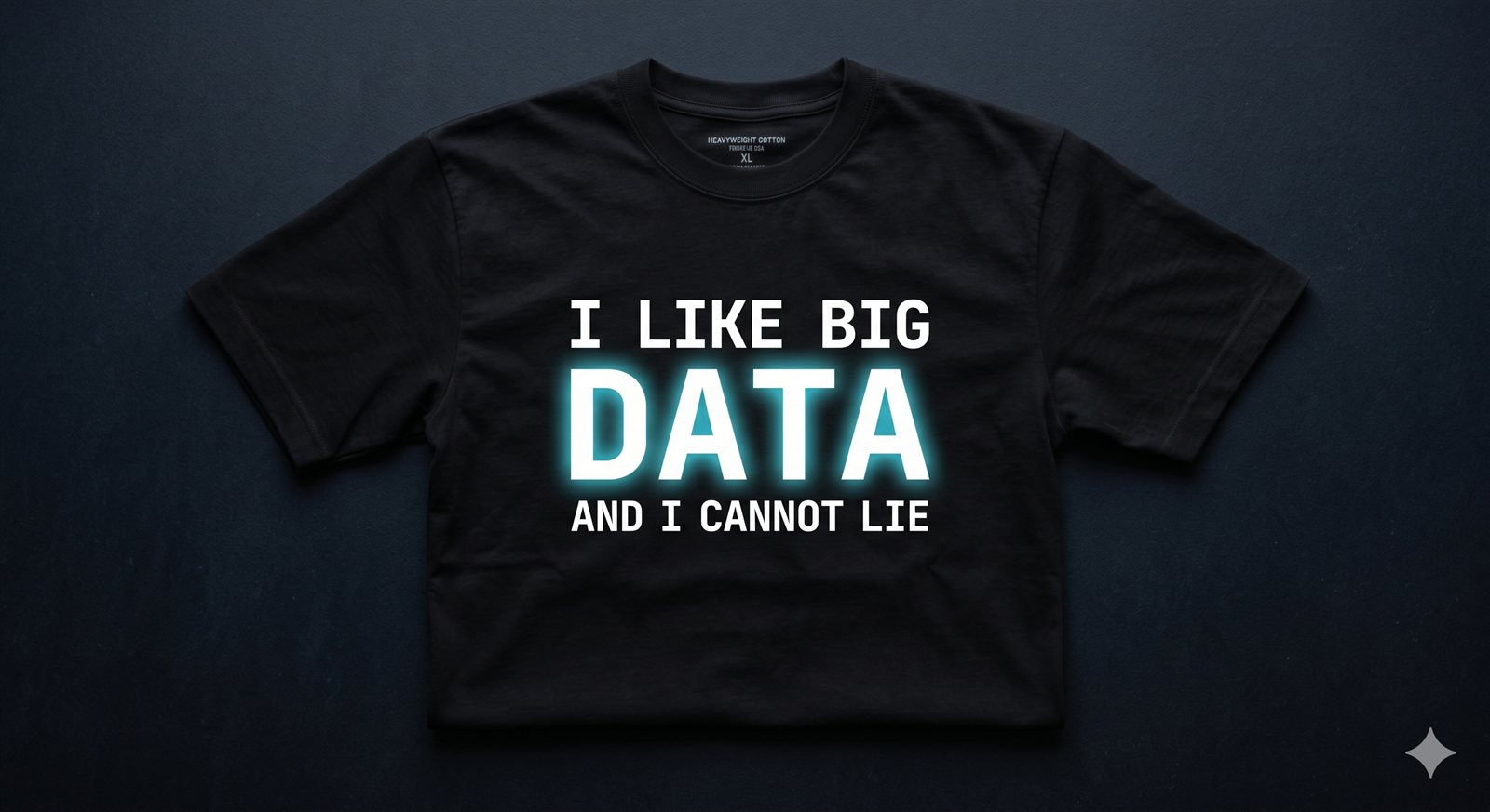 Black tee mockup, sans caps reading: I Like Big Data and I Cannot Lie, with DATA glowing cyan.