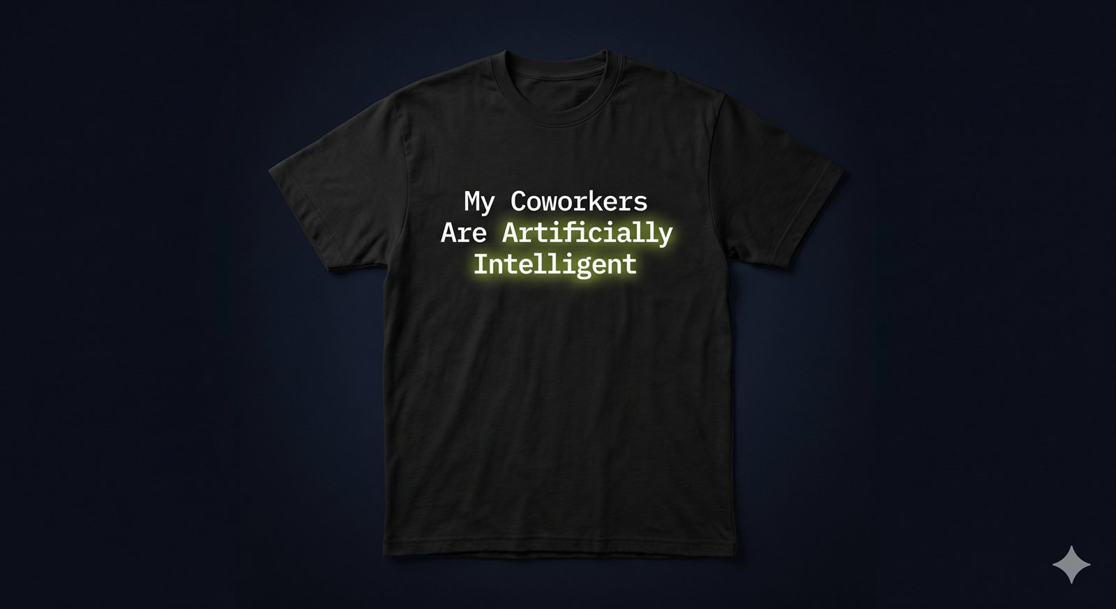 Black tee mockup, mono caps reading: My Coworkers Are Artificially Intelligent, with the second line glowing lime.