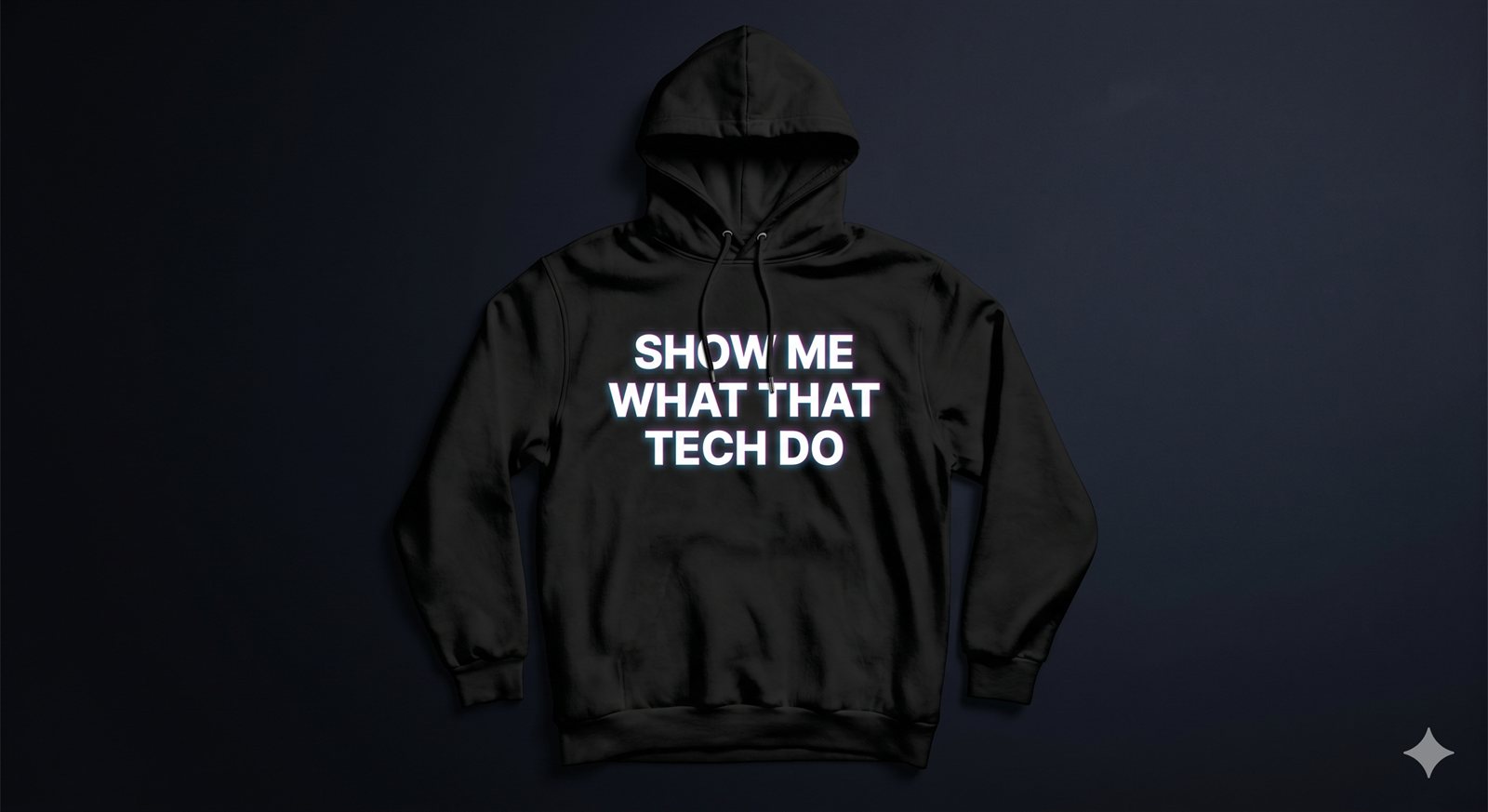 Black hoodie mockup, sans caps reading: Show Me What That Tech Do, last line glowing cyan.